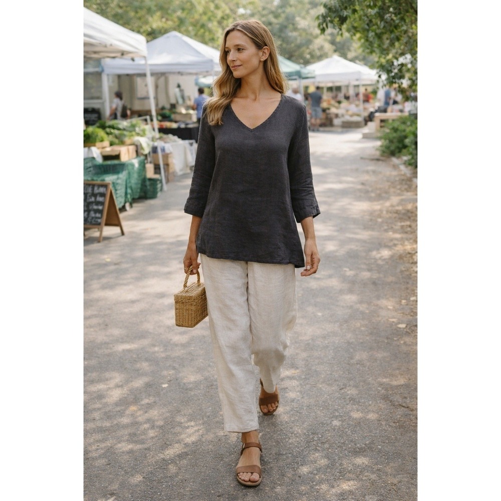 FLAX Linen Tunic Top V Neck 3/4 Sleeve Black Size P